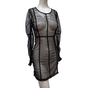 SHEER BLACK LONG SLEEVE DRESS Boycon Sexy BOMBSHELL Velvet Trim Excellent Design